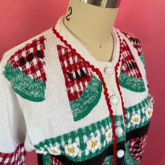 Vintage 80s/90s Watermelon Picnic CottageCore Knitted Short Sleeve Cardigan S - Picture 4 of 11